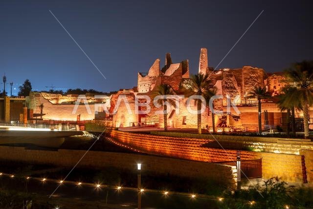 Diriyah old town walls illuminated at night, Riyadh, Saudi Arabia