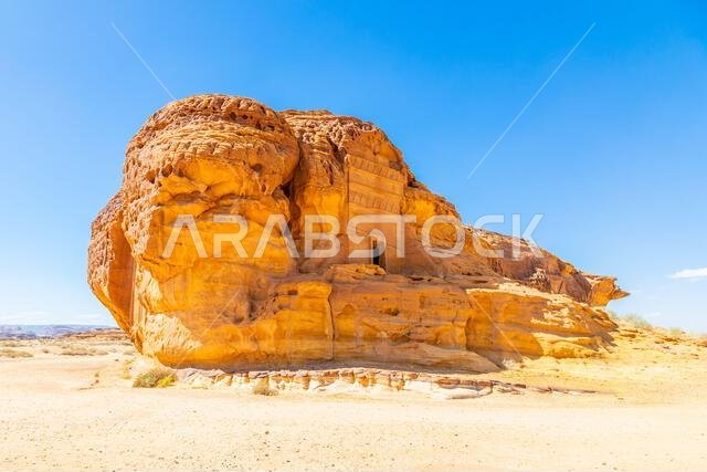 Jabal al Ahmar ancient  Nabataean civilization tombs carved in stone, Hegra, Madinah Saleh, Al Ula, Saudi Arabia