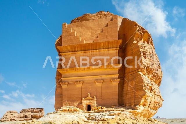 Entrance to the ancient nabataean Tomb of Lihyan, son of Kuza carved in rock in the desert,  Mada'in Salih, Hegra, Saudi Arabia