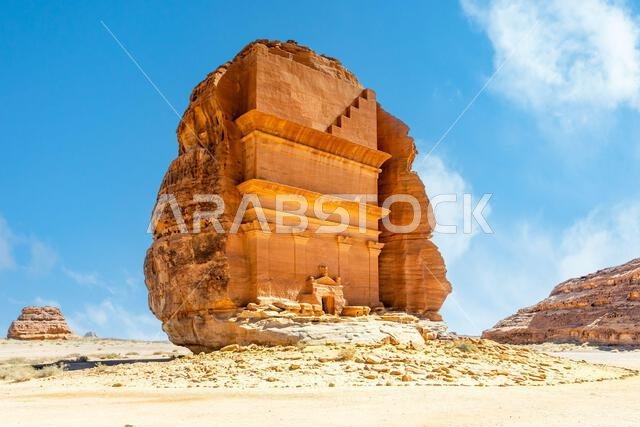 Entrance to the ancient nabataean Tomb of Lihyan, son of Kuza carved in rock in the desert,  Mada'in Salih, Hegra, Saudi Arabia