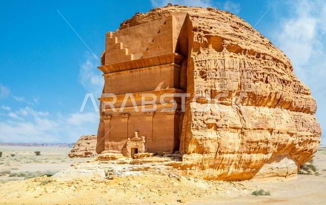 Entrance to the ancient nabataean civilization Tomb of Lihyan, son of Kuza carved in rock in the desert,  Mada'in Salih, Hegra, Saudi Arabia
