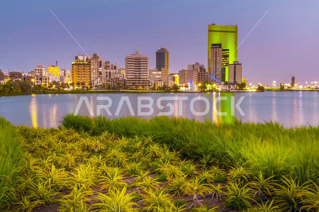 صورة لحديقة بحيرة الأربعين بجدة التاريخية في المملكة العربية السعودية , الوجهة الثقافية , مساحات خضراء ومجسمات فنية ,وجهة ترفيهية للسياحة في جدة , معالم سياحية .