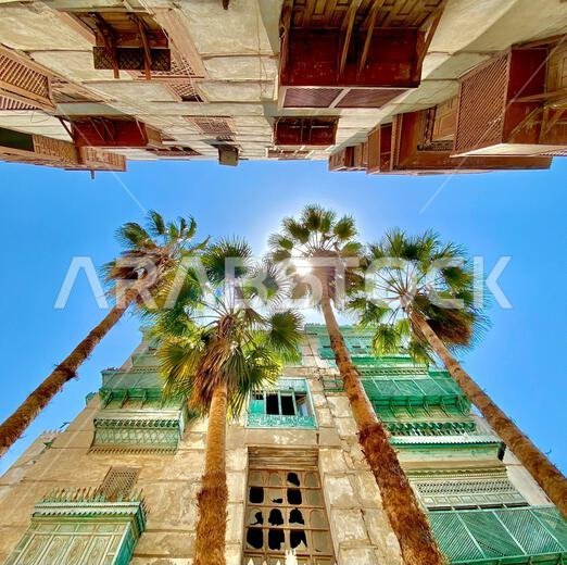 لقطة من زاوية منخفضة لمبنى قديم تحيط به أشجار النخيل في جدة، المملكة العربية السعودية.