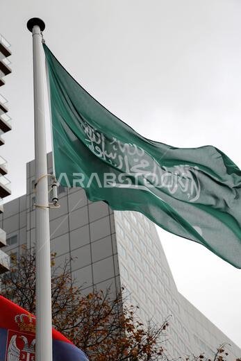 Rotterdam, NL - OCT 8, 2021: Saudi Arabian flag at the Vlaggeparade, an outdoor museum that exhibits 230 flags side by side on the Boompjesboulevard a