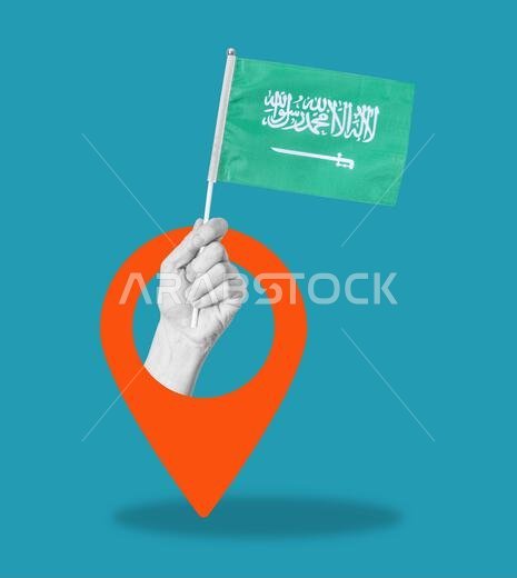 لوحة فنية مركبة، يد تحمل علم المملكة العربية السعودية على خلفية زرقاء مع علامة ملاحة. مفهوم الملاحة والتحديد المكاني.