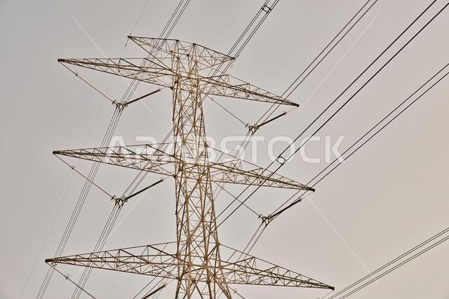 High Power Electric transmission grid lines in the desert.Dammam -Saudi Arabia.