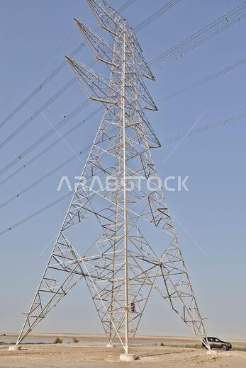 High Power Electric transmission grid lines in the desert.Dammam -Saudi Arabia.