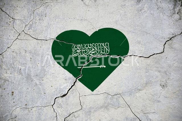 The symbol of the national flag of Saudi Arabia in the form of a heart on a cracked concrete wall.