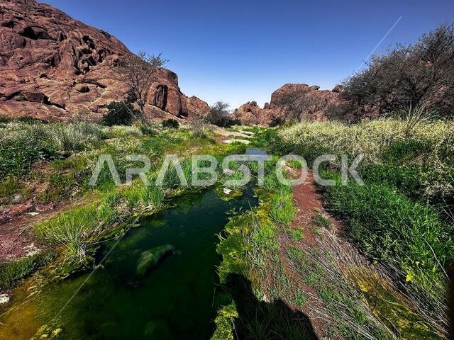 A small creek snaking through the rocky terrain in Saudi Arabia, Hail