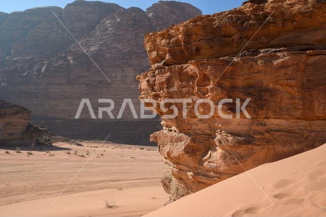 Arabian desert. Wadi Rum. Space landscape. Footprints in the sand. Filming location for many science fiction films.