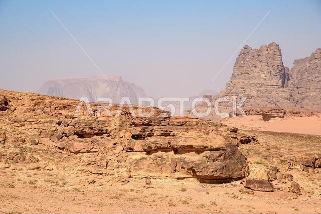 Arabian desert. Wadi Rum. Space landscape. Footprints in the sand. Filming location for many science fiction films.