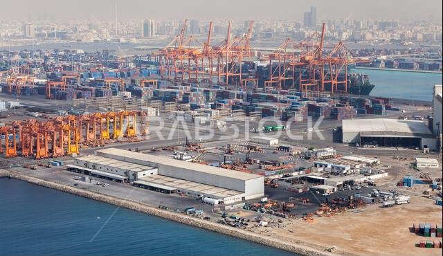 Jeddah, Saudi Arabia - December 22, 2019: Jeddah Islamic Seaport aerial view on a sunny day, cargo terminal
