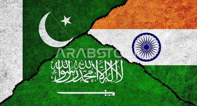 أعلام المملكة العربية السعودية والهند وباكستان مجتمعة على خلفية مزخرفة. مفهوم العلاقات الدبلوماسية بين باكستان والهند والمملكة العربية السعودية.