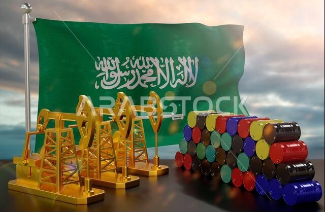 سوق النفط السعودي. مضخة نفط مصنوعة من الذهب وبراميل معدنية. مفهوم إنتاج النفط وتخزينه وقيمته. علم المملكة العربية السعودية.