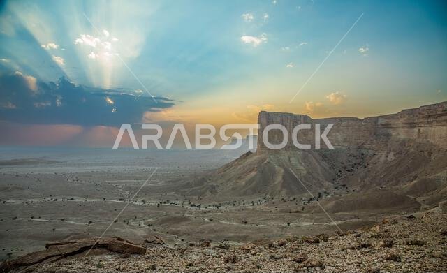 Sunset in Jabal Tuwaiq Mountains, with desert landscape, Riyadh, Saudi Arabia