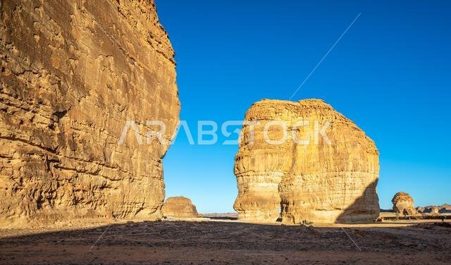 Sandstone elephant rock erosion monolith standing in the desert, Al Ula, Saudi Arabia