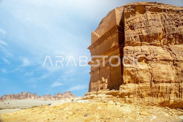 Entrance to the Tomb of Lihyan, son of Kuza carved in rock in the desert,  Mada'in Salih, Hegra, Saudi Arabia