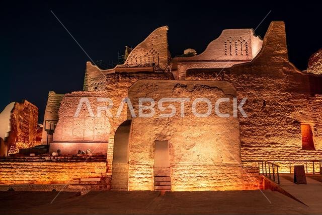 Diriyah old town walls illuminated at night, Riyadh, Saudi Arabia