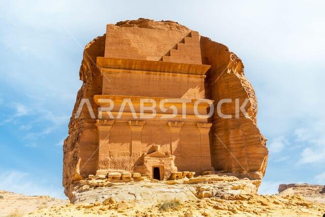 Entrance to the Tomb of Lihyan, son of Kuza carved in rock in the desert,  Mada'in Salih, Hegra, Saudi Arabia