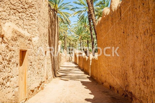 Al Ula ruined old town street with palms along the road, Saudi Arabia Al Ula ruined old town street with palms along the road, Saudi Arabia