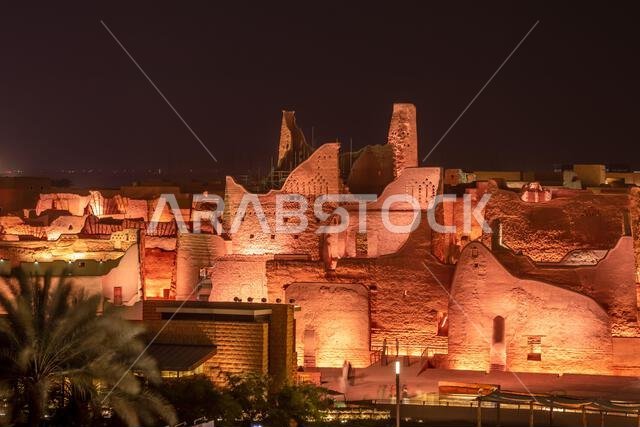 Diriyah old town walls illuminated at night, Riyadh, Saudi Arabia