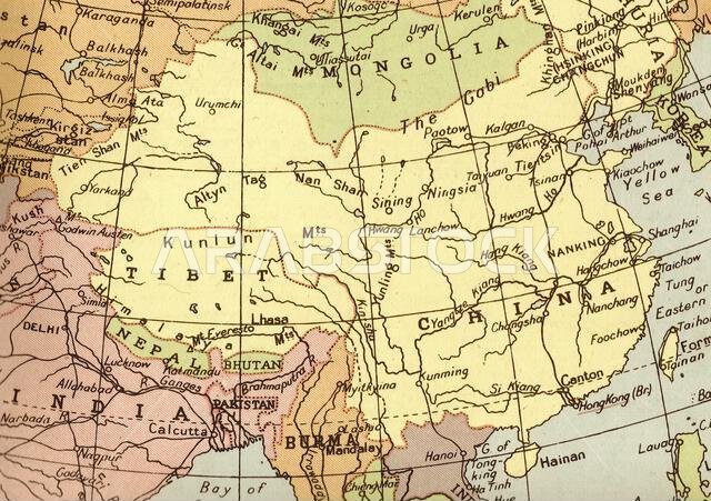 A vintage sepia coloured map of China.