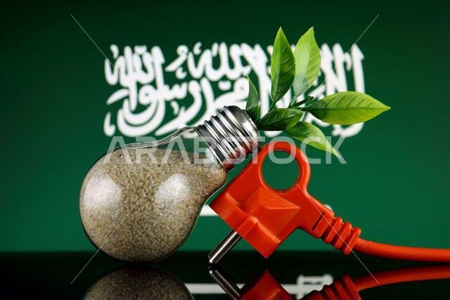 Plug, plant growing inside the light bulb and Saudi Arabia Flag. Green eco renewable energy concept.
