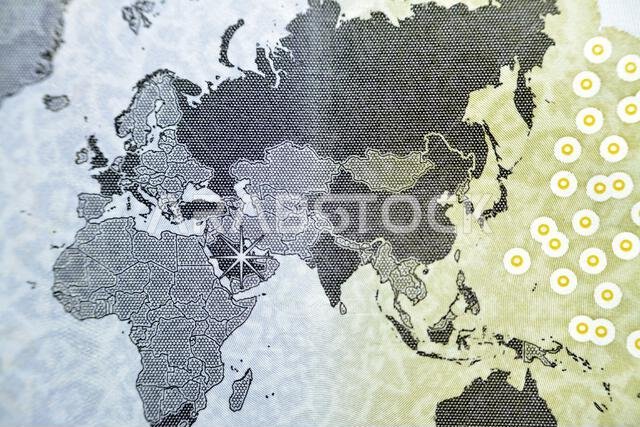 a map of the world depicting G20 summit countries in a different color series 2020 AD 1442 AH from Reverse side of 20 SAR twenty Saudi Arabia Riyals b