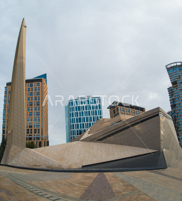 صورة ابداعية لجامع مركز الملك عبدالله المالي ( كافد ) في الرياض بالمملكة العربية السعودية، مركز اقتصادي، معالم الرياض المشهورة، الفن الهندسي المعماري بالسعودية، العبادة والتقرب الى الله، السياحة في السعودية