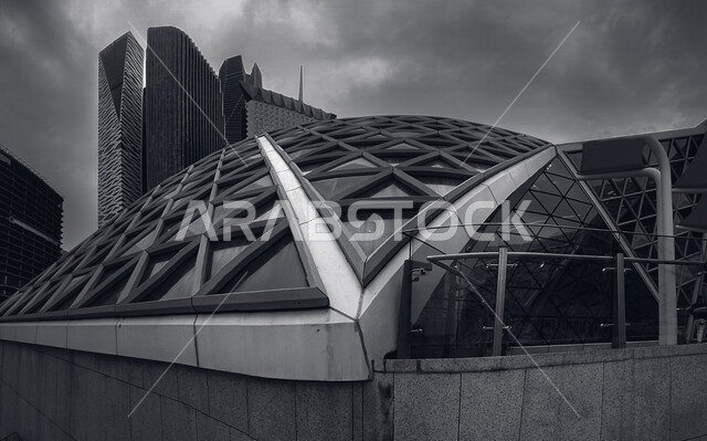 Creative image of King Abdullah Financial District (CAFD) in Riyadh, Saudi Arabia, an economic center, famous Riyadh landmarks, architectural art in Saudi Arabia, tourism in Saudi Arabia, black and white photo