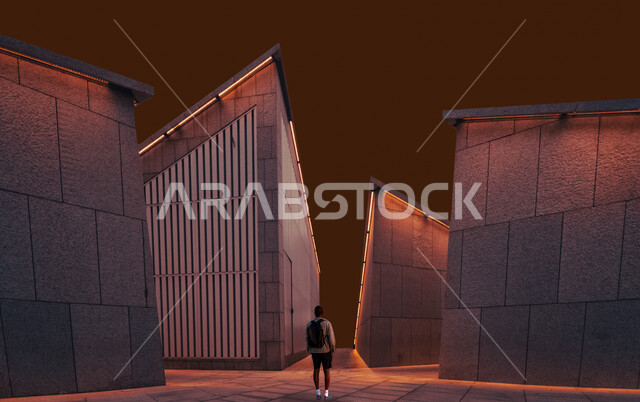 صورة من الخلف لرجل عربي خليجي سعودي يقف في مركز الملك عبدالله المالي ( كافد ) بالرياض في المملكة العربية السعودية ليلا، مركز اقتصادي، معالم الرياض المشهورة، الفن الهندسي المعماري بالسعودية، السياحة في السعودية