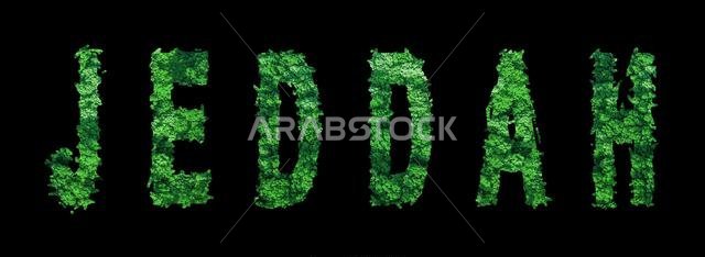 Jeddah lettering, Jeddah Forest Ecology Concept on Black, Clipping Path