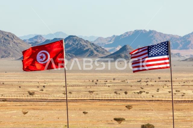 US and Tunisian flags waving togetner on the wind in Saudi Arabian desertwith mountains in background, Al Ula, Saudi Arabia