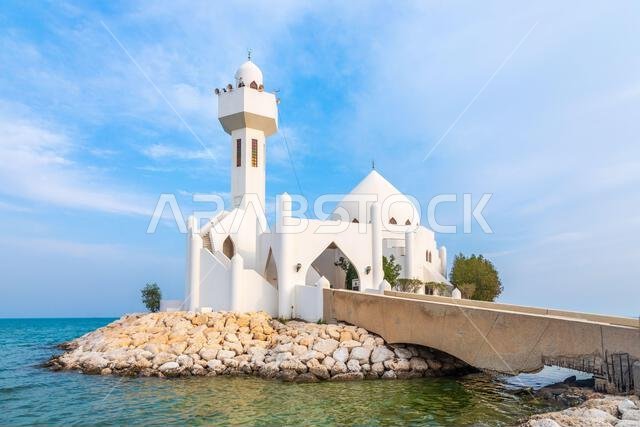 White Salem Bin Laden Mosque built on the island with sea in the background, Al Khobar, Saudi Arabia