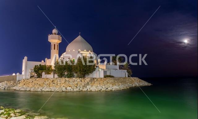 White Salem Bin Laden Mosque built on the island in the moonlight with sea in the background, Al Khobar, Saudi Arabia