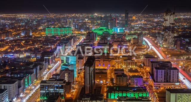 Night panorama of downtown of Riyadh city, Al Riyadh, Saudi Arabia