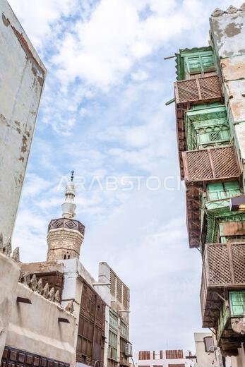 البلدة القديمة بمنازلها الإسلامية التقليدية ومسجدها، جدة، المملكة العربية السعودية