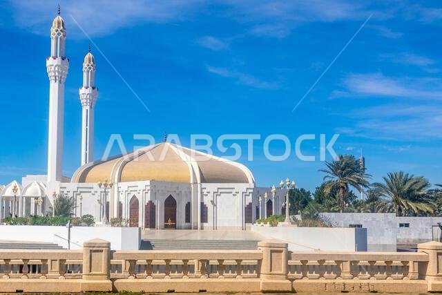 مسجد حسن عناني ذو القبة الذهبية وأشجار النخيل في المقدمة، جدة، المملكة العربية السعودية