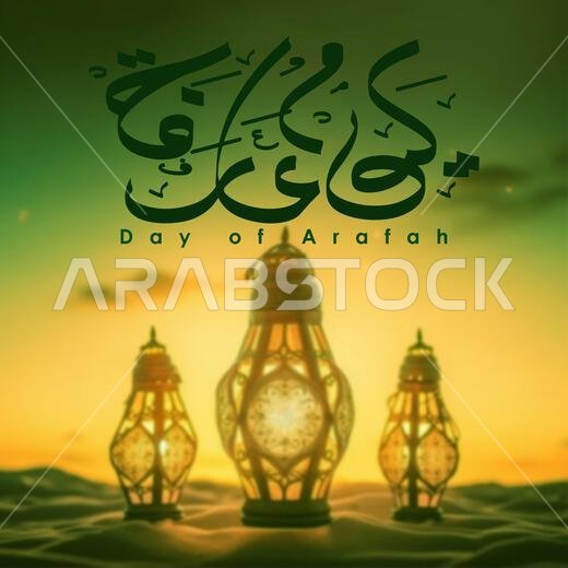 يوم عرفة مكتوب بالخط العربي، ويعني يوم عرفة، مع زخارف فوانيس جميلة. تصميم خيري إسلامي