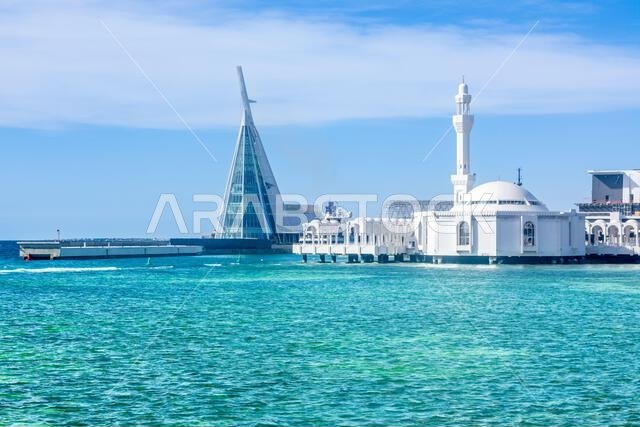 Alrahmah floating mosque with sea in foreground, Jeddah, Saudi Arabia