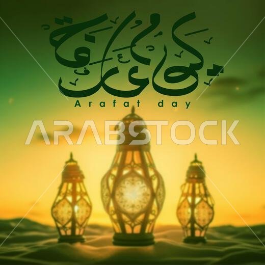 يوم عرفة مكتوب بالخط العربي، ويعني يوم عرفة، مع زخارف فوانيس جميلة. تصميم خيري إسلامي