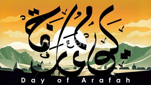 يوم عرفة في فن الخط العربي يعني يوم عرفة مع جبل عرفة. تصاميم إسلامية