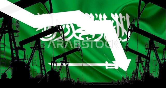 Reduction or increase in level of oil production in Saudi Arabia. Oil pumps silhouette on flag of Saudi Arabia background . Working oil pumps. Trade,