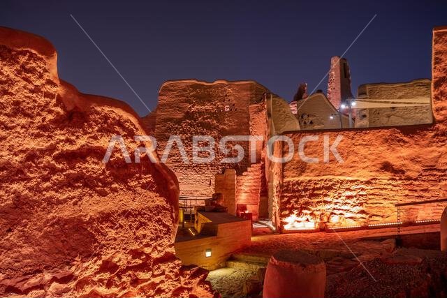 Diriyah old town walls illuminated at night, Riyadh, Saudi Arabia