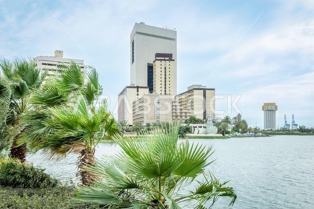 Jeddah downtown central district and lake Ar Arbaeen park, Saudi Arabia