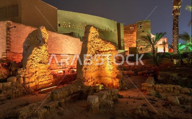 Diriyah old town walls illuminated at night, Riyadh, Saudi Arabia