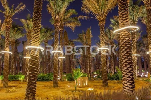 Diriyah old town walls illuminated at night, Riyadh, Saudi Arabia