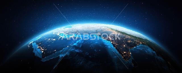أضواء مدن الشرق الأوسط، المملكة العربية السعودية، والهند. عناصر هذه الصورة مقدمة من وكالة ناسا. عرض ثلاثي الأبعاد