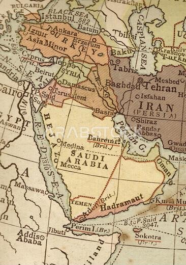 Vintage political map in sepia showing Saudi Arabia.