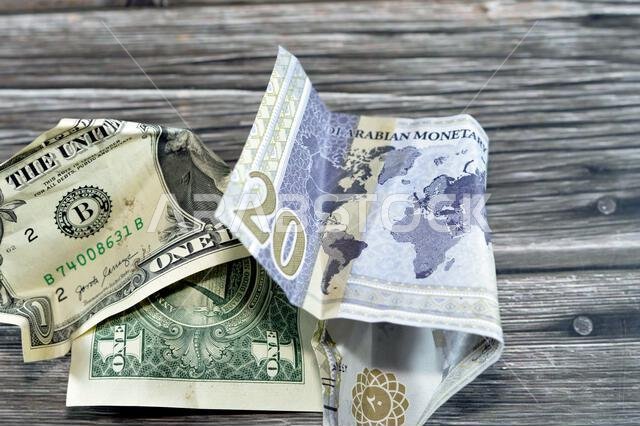 Wrinkled and crumpled Saudi Arabia money of 20 SAR twenty riyals and 1 one American dollar cash money, Money inflation and losing value, drop concept,
